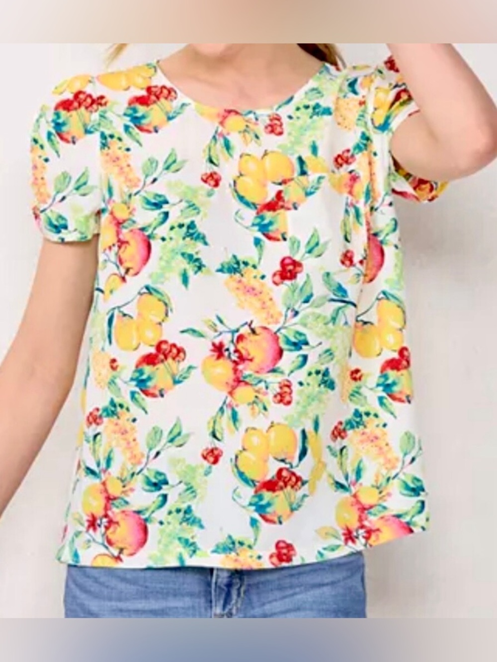 Floral Fruit Print Top - White & Yellow